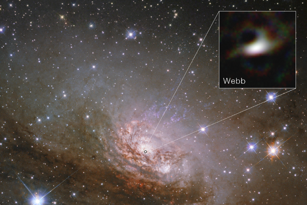Esta imagen del telescopio espacial Hubble de la NASA muestra la galaxia Circinus. Un primer plano de su núcleo, tomado por el telescopio espacial James Webb de la NASA, muestra la cara interna del agujero del disco de gas con forma de dona, que brilla en luz infrarroja. El anillo exterior aparece como manchas oscuras.
