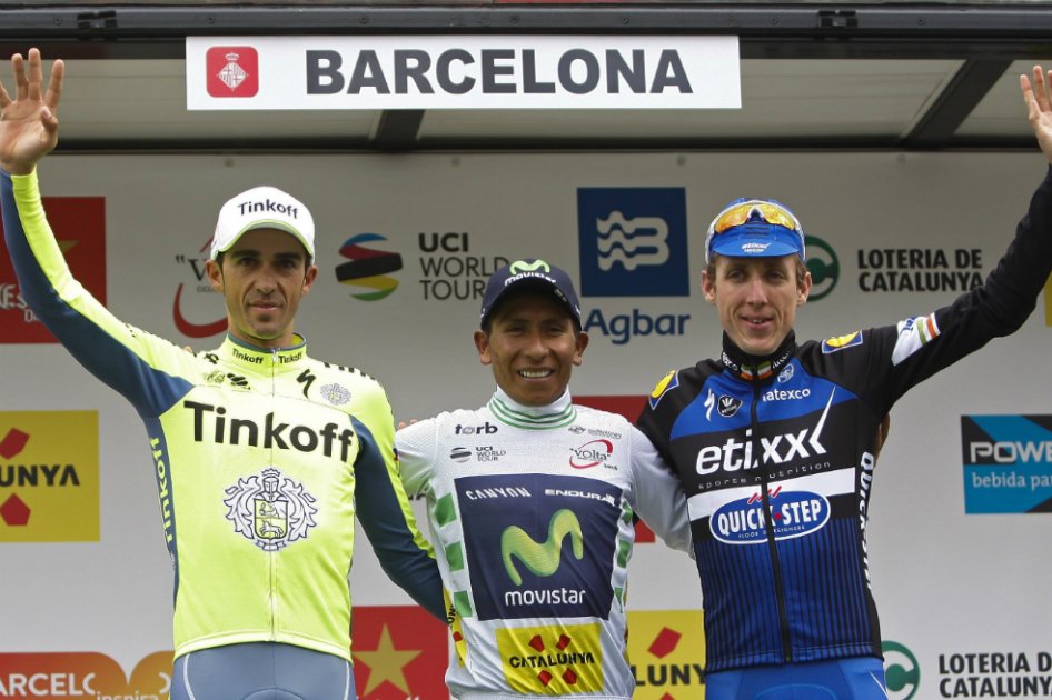 Nairo Quintana (c), ganador, junto al español del Tinkoff Alberto Contador (i), segundo clasificado y al irlandés del Etixx Daniel Martin, tercero en el podio tras la 96 edición de la Vuelta a Cataluña. / EFE