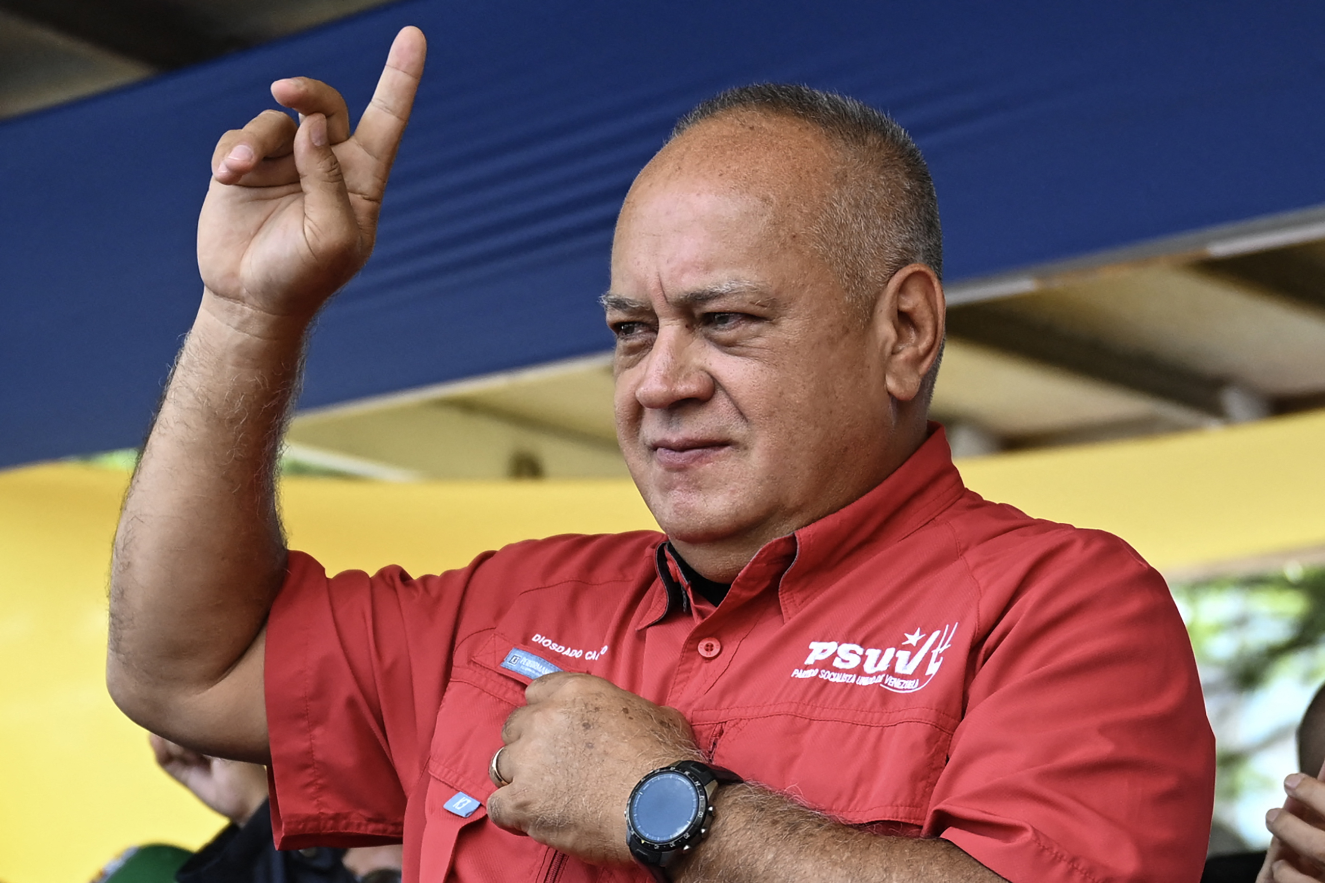 (FILES) Deputy Diosdado Cabello gestures during a rally heading to Miraflores Presidential Palace in support of Venezuelan President Nicolas Maduro in Caracas on July 30, 2024.