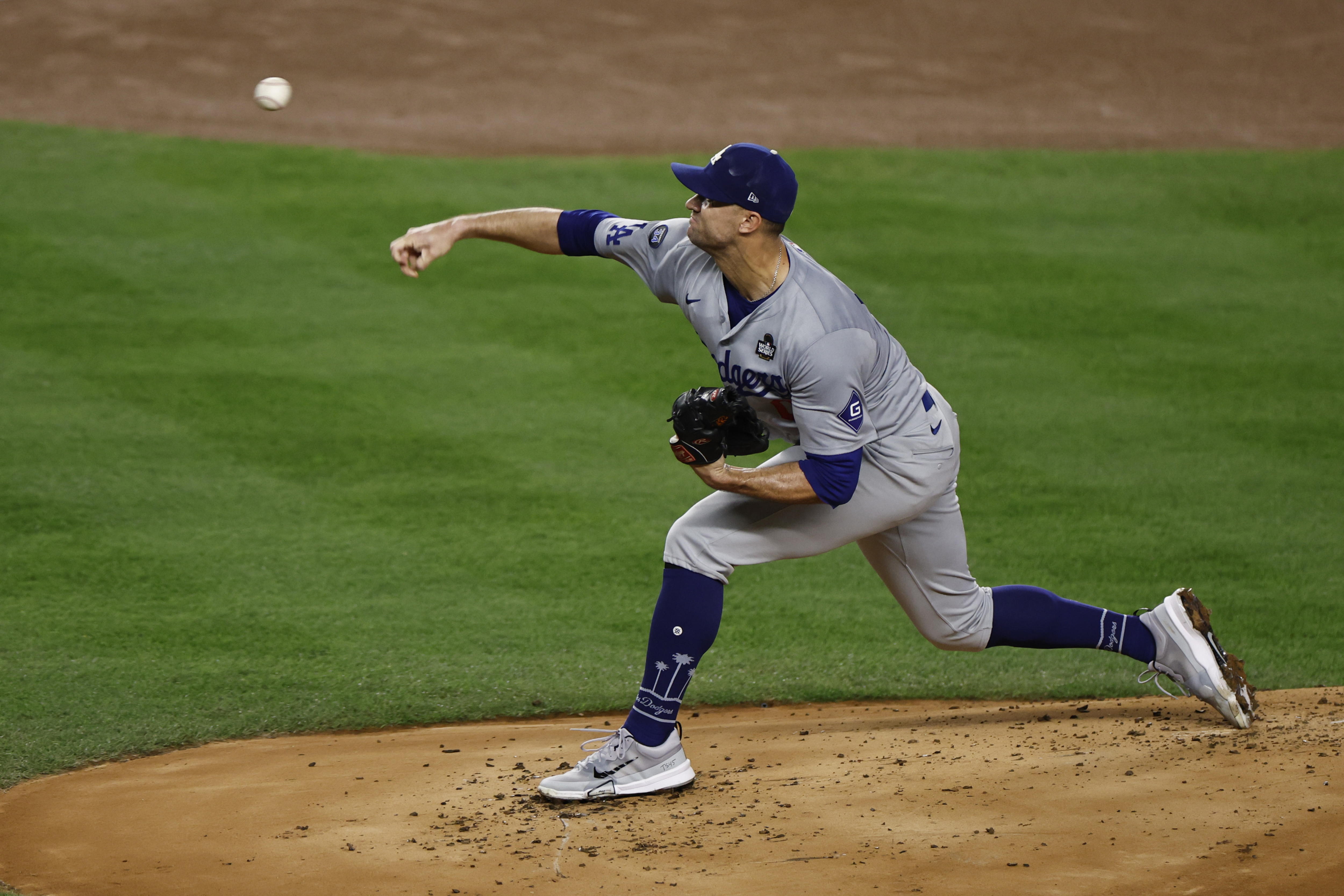 New York (United States), 31/10/2024.- Los Angeles Dodgers pitcher Jack Flaherty releases a pitch against the New York Yankees inning of game five of the Major League Baseball (MLB) World Series between the American League Champion New York Yankees and the National League Champion Los Angeles Dodgers at Yankees Stadium in the Bronx borough of New York, New York, USA, 30 October 2024. The World Series is the best-of-seven games. (Nueva York) EFE/EPA/CJ GUNTHER