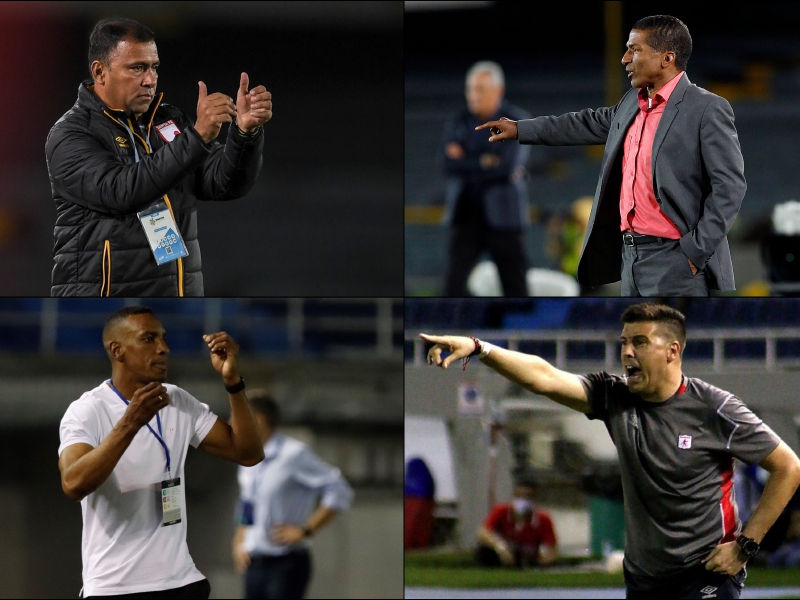Hárold Rivera, Alexis García, Luis Amaranto Perea y Juan Cruz Real, técnicos de los semifinalistas de la Liga BetPlay. / Dimayor y EFE