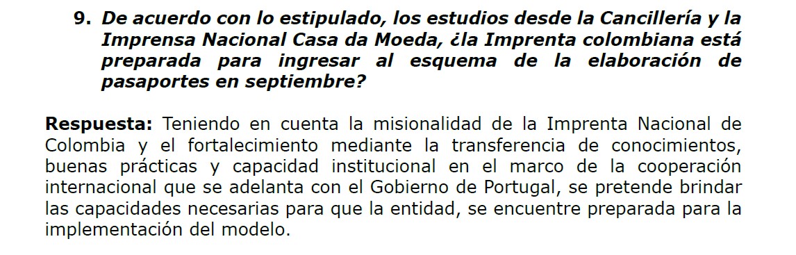 Cancillería responde si la Imprenta está lista para ingresar al esquema para la elaboración de pasaportes.