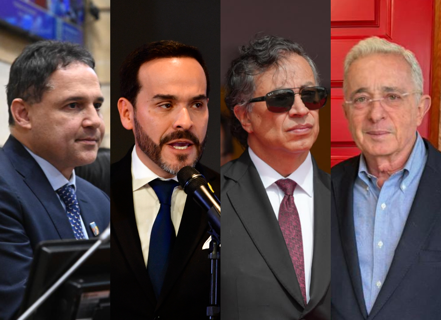 El presidente del Senado, Honorio Henríquez; presidente electo Abelardo de la Espriella; mandatario saliente Gustavo Petro; expresidente Álvaro Uribe.