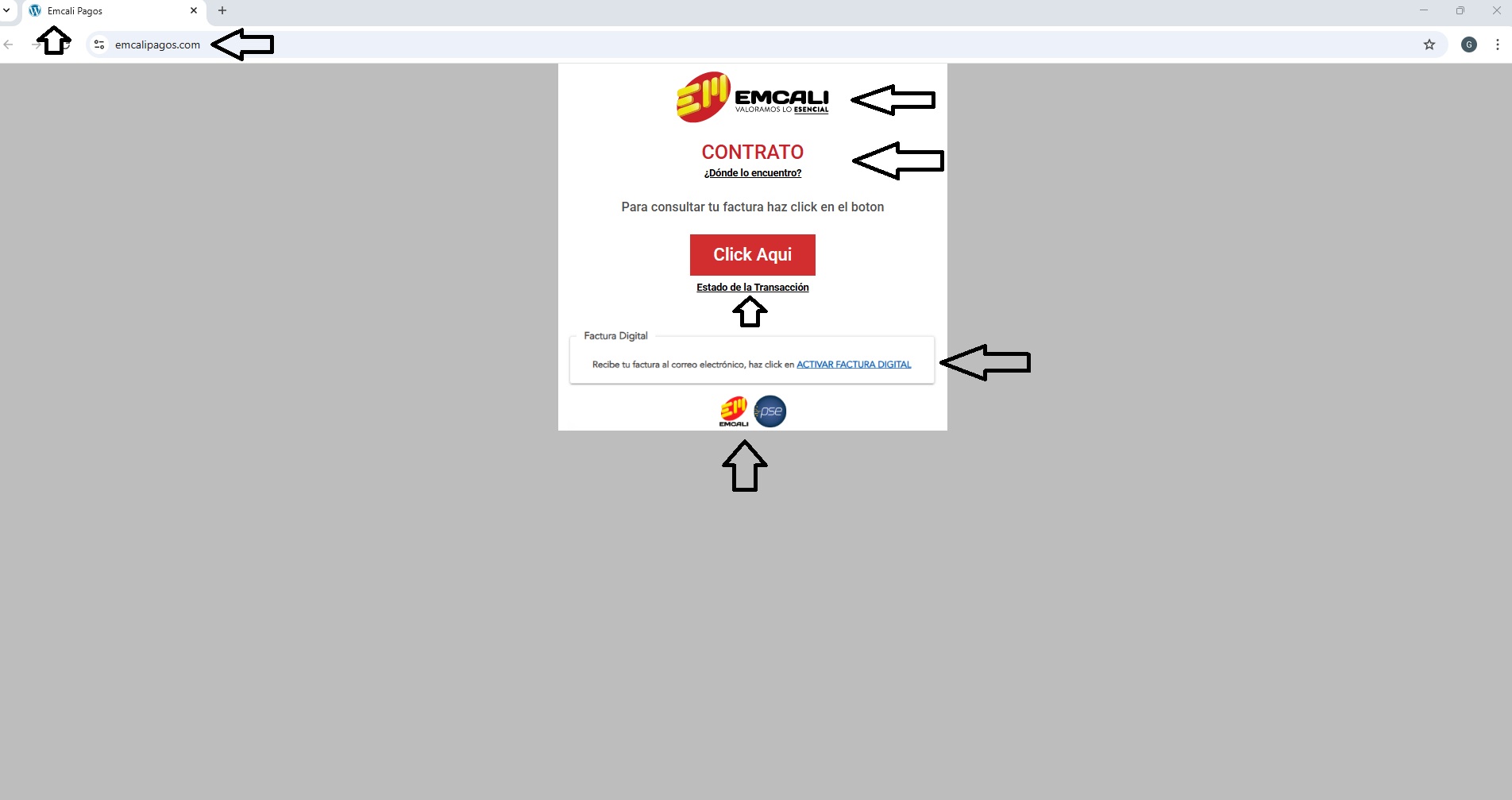 Las flechas de color negro señalan los aspectos donde hay diferencias con la página web oficial de Emcali.