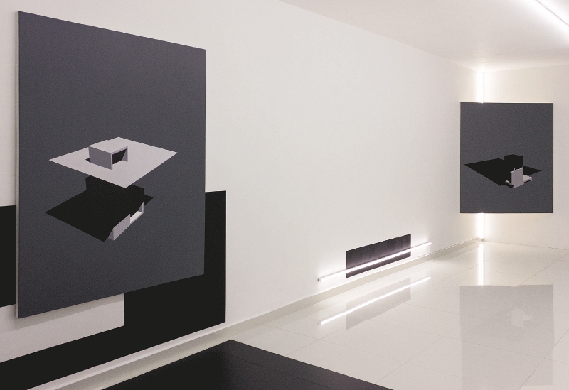 “Vibraciones improbables”, 2015-2016, de Alberto Lezaca. Acrílico sobre lienzo, vinilo adhesivo y luz LED. Dimensiones variables. / Cortesía ARTBO