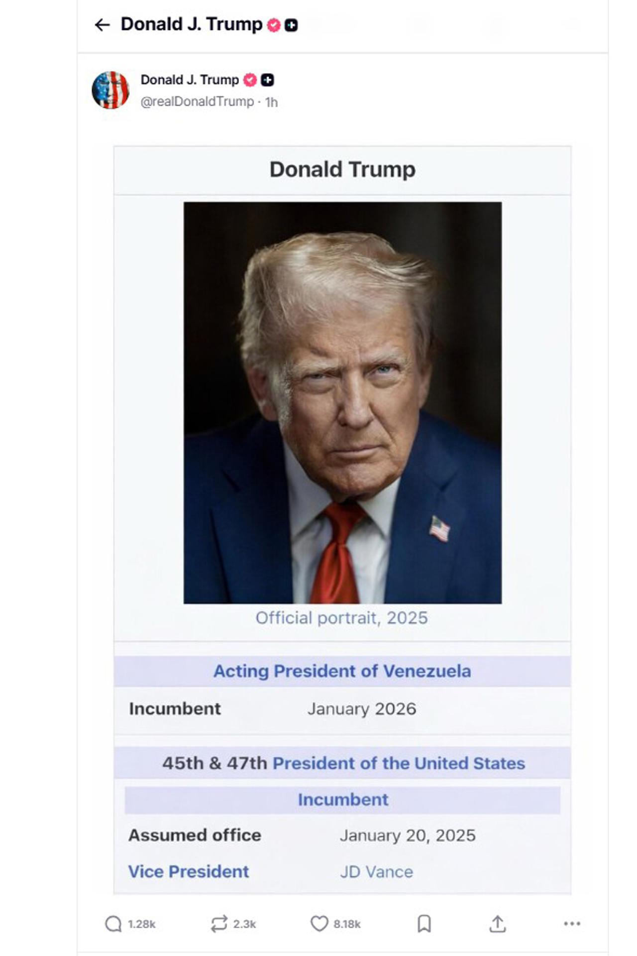 Trump publica imagen falsa de Wikipedia según la cual es “presidente interino” de Venezuela
