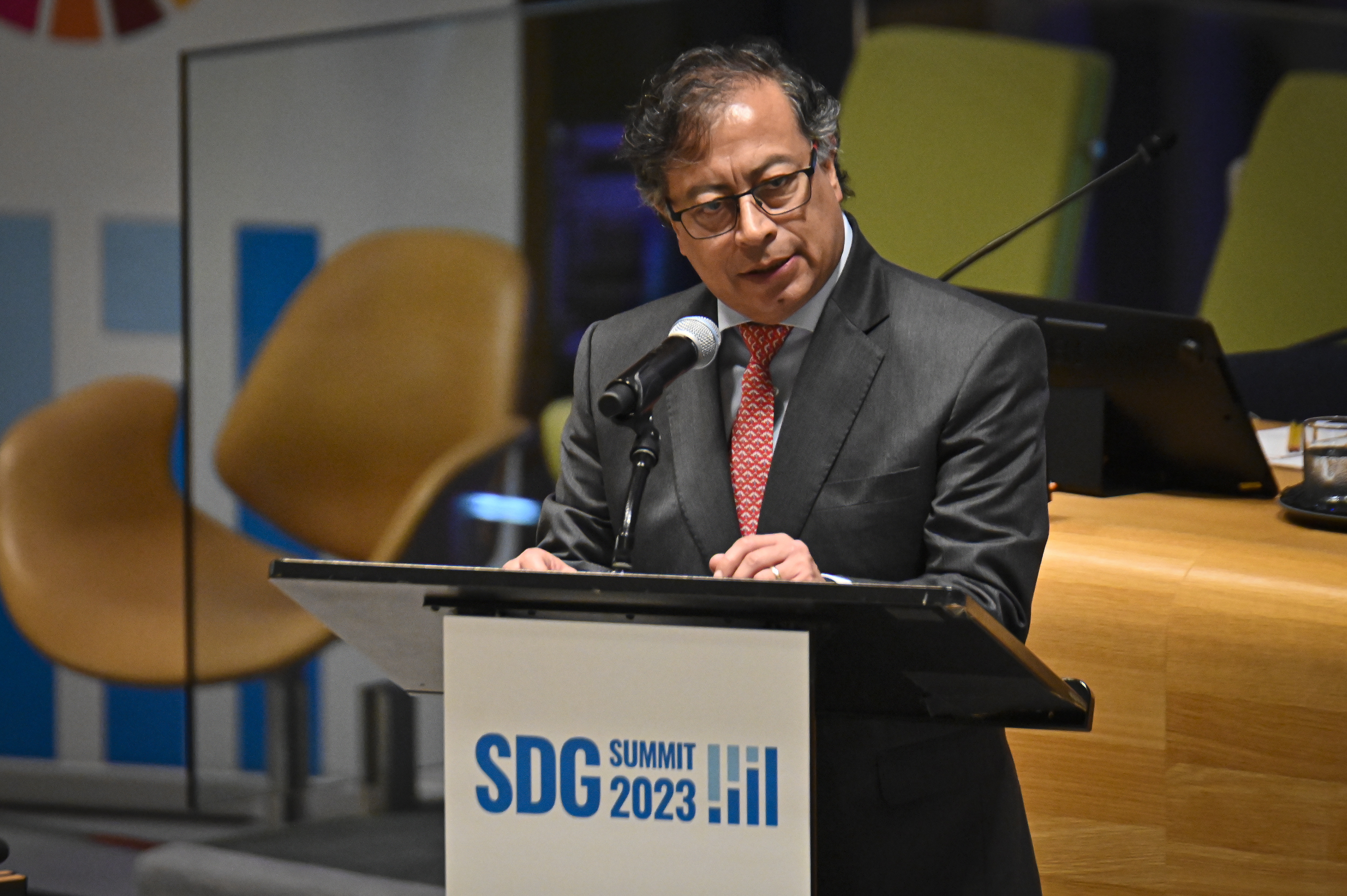 New York (United States), 18/09/2023.- Colombia's President Gustavo Petro speaks during a high-level meeting of the United Nations' Sustainable Development Goals (SDG) summit on the sidelines of this week'Äôs General Debate of the United Nations General Assembly at UN Headquarters in New York, New York, USA, 18 September 2023. (Nueva York) EFE/EPA/MIGUEL RODRIGUEZ
