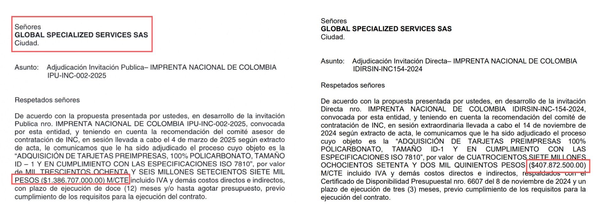Contratos de Global Specialized Services con la Imprenta.
