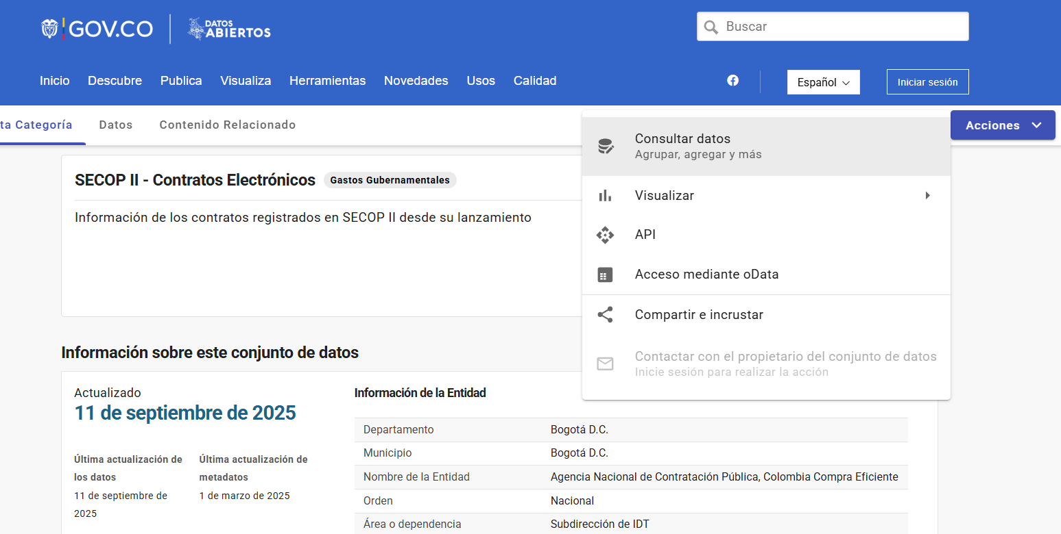 Vista de la base de datos de secop en datos.gov.co