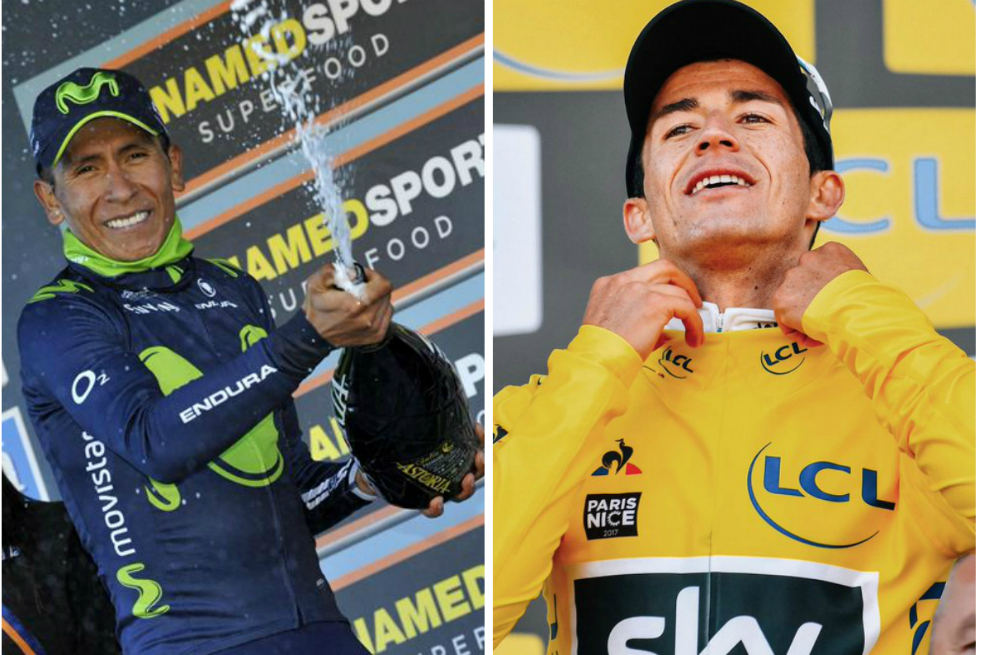 Los colombianos Nairo Quintana y Sergio Luis Henao, líderes de la Tirreno-Adriático y la París-Niza, respectivamente. Fotos: EFE y @TeamSky