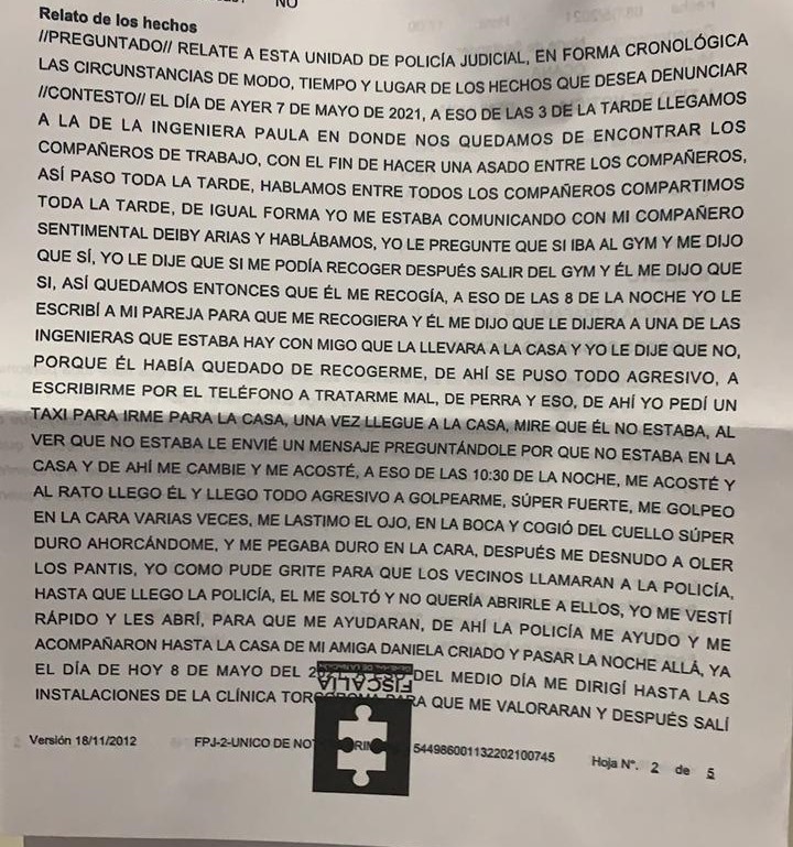 Denuncia de Jhoanna Espejo ante la Fiscalía de Ocaña, relato que coincide con lo expuesto en diálogo con El Espectador.