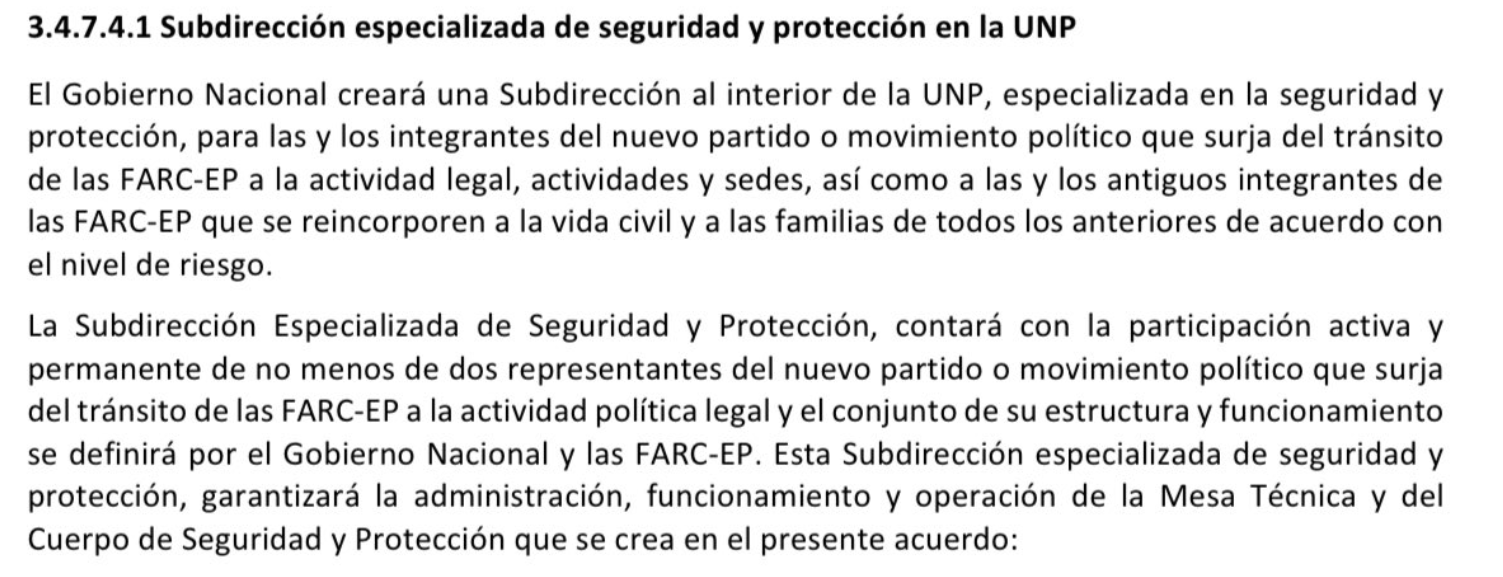 Numeral del punto 3 del Acuerdo de Paz en el que se especifica cómo será la confirmación de la Subdirección Especializada de Seguridad y Protección.