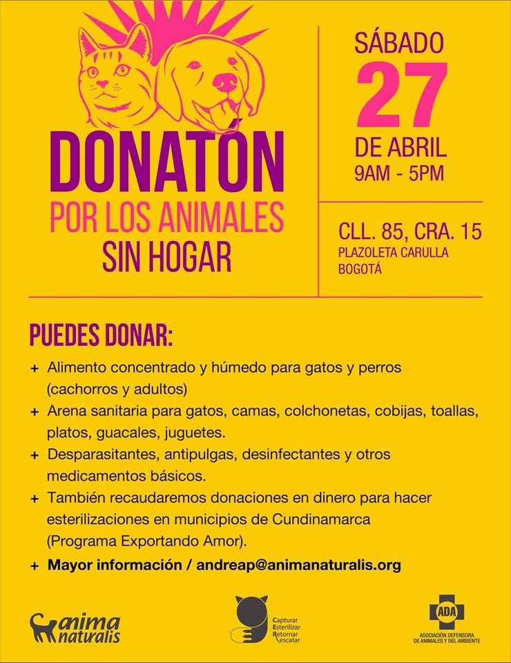Cabe resaltar que en 2018 no se pudo realizar el evento porque no se logró un espacio idóneo para la actividad. Cada año, en promedio, esta donatón ayuda a 70 refugios y hogares de paso que albergan unos 2.500 animales.