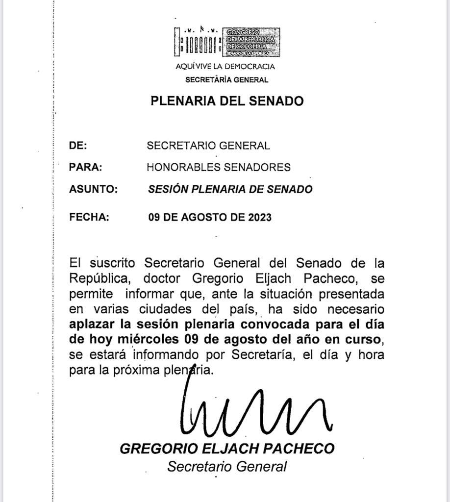 Cancelan Plenaria del Senado
