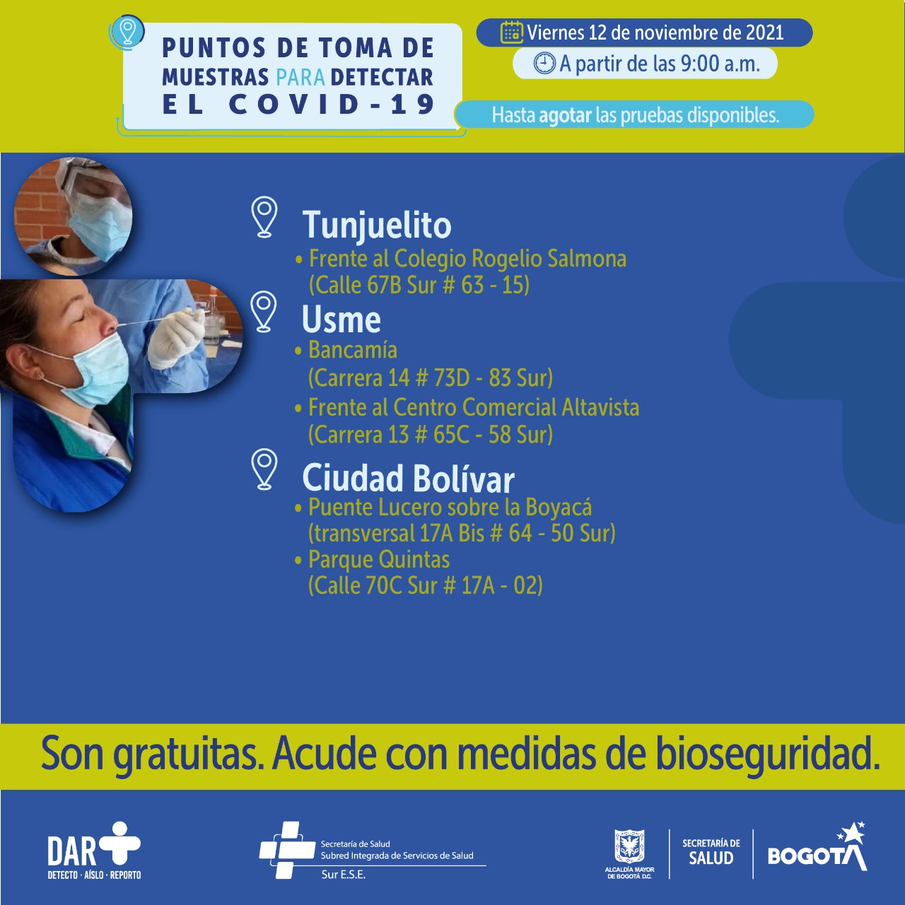 ¿Dónde hay pruebas gratuitas para Covid-19 este viernes en Bogotá?
