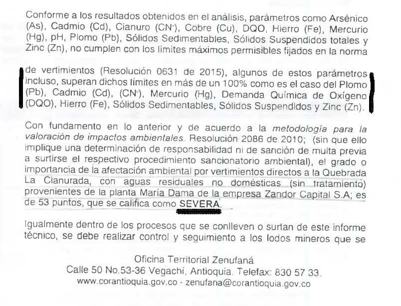 Informe técnico de Corantioquia.