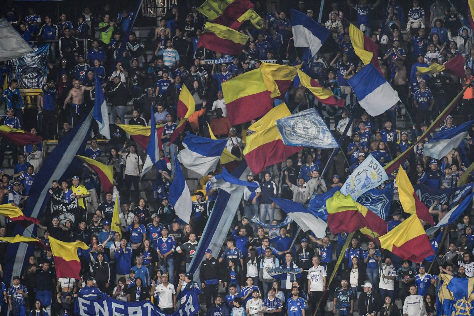La hinchada de Millonarios acompañó a su equipo en la fría noche de Bogotá. El cuadro azul aspira a defender el título conseguido el año pasado.