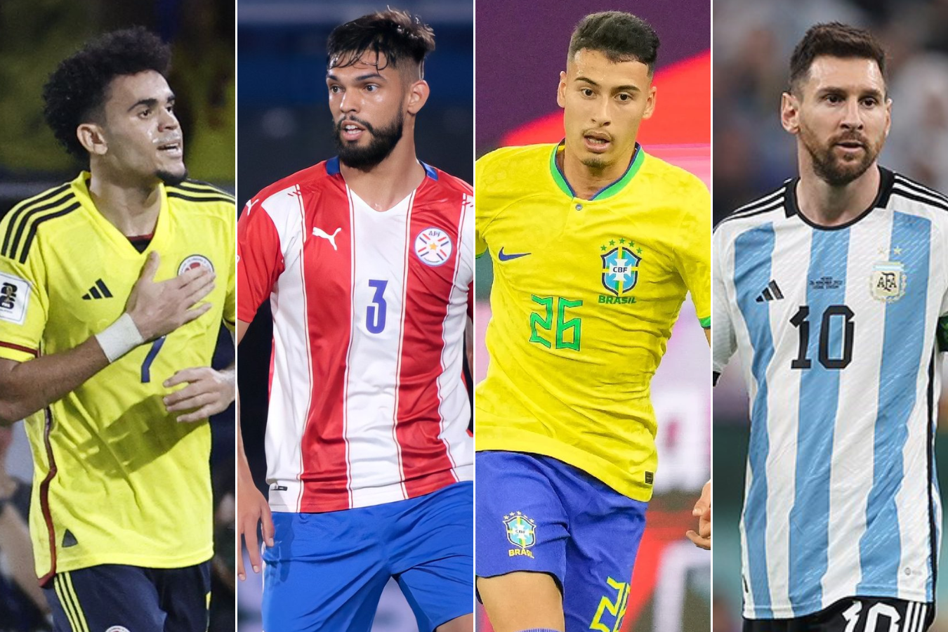 Luis Díaz (Colombia), Omar Alderete (Paraguay), Gabriel Martinelli (Brasil) y Lionel Messi (Argentina).