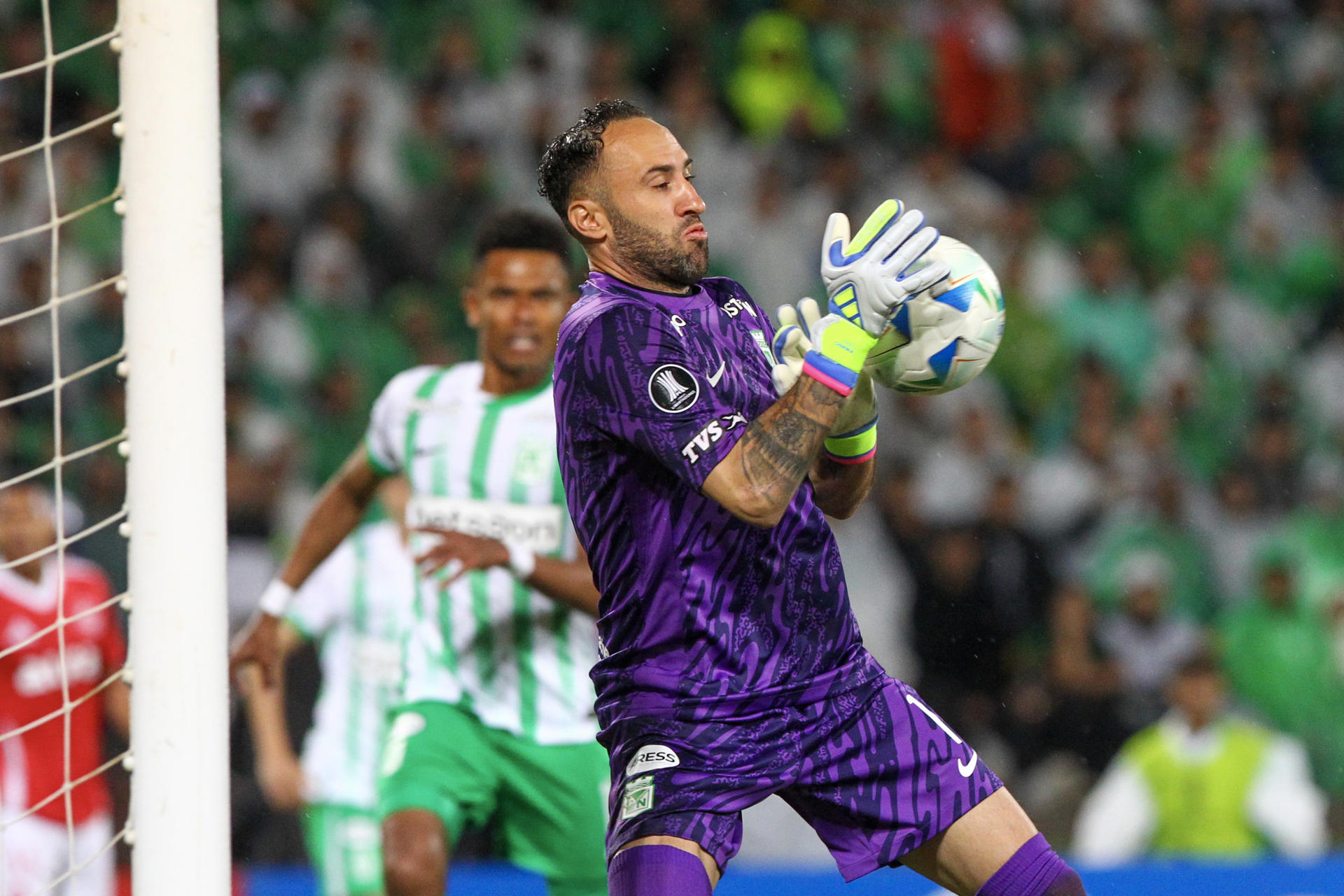 AMDEP6143. MEDELLÍN (COLOMBIA), 08/05/2025.- David Ospina de Nacional atrapa un balón este jueves, en un partido de la fase de grupos de la Copa Libertadores entre Atlético Nacional e Internacional en el estadio Atanasio Girardot, en Medellín (Colombia). EFE/ STR