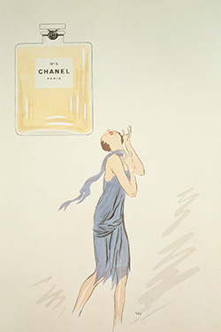 Primera representación conocida del perfume CHANEL N°5 por el famoso dibujante de bocetos de la época, Sem, 1921.