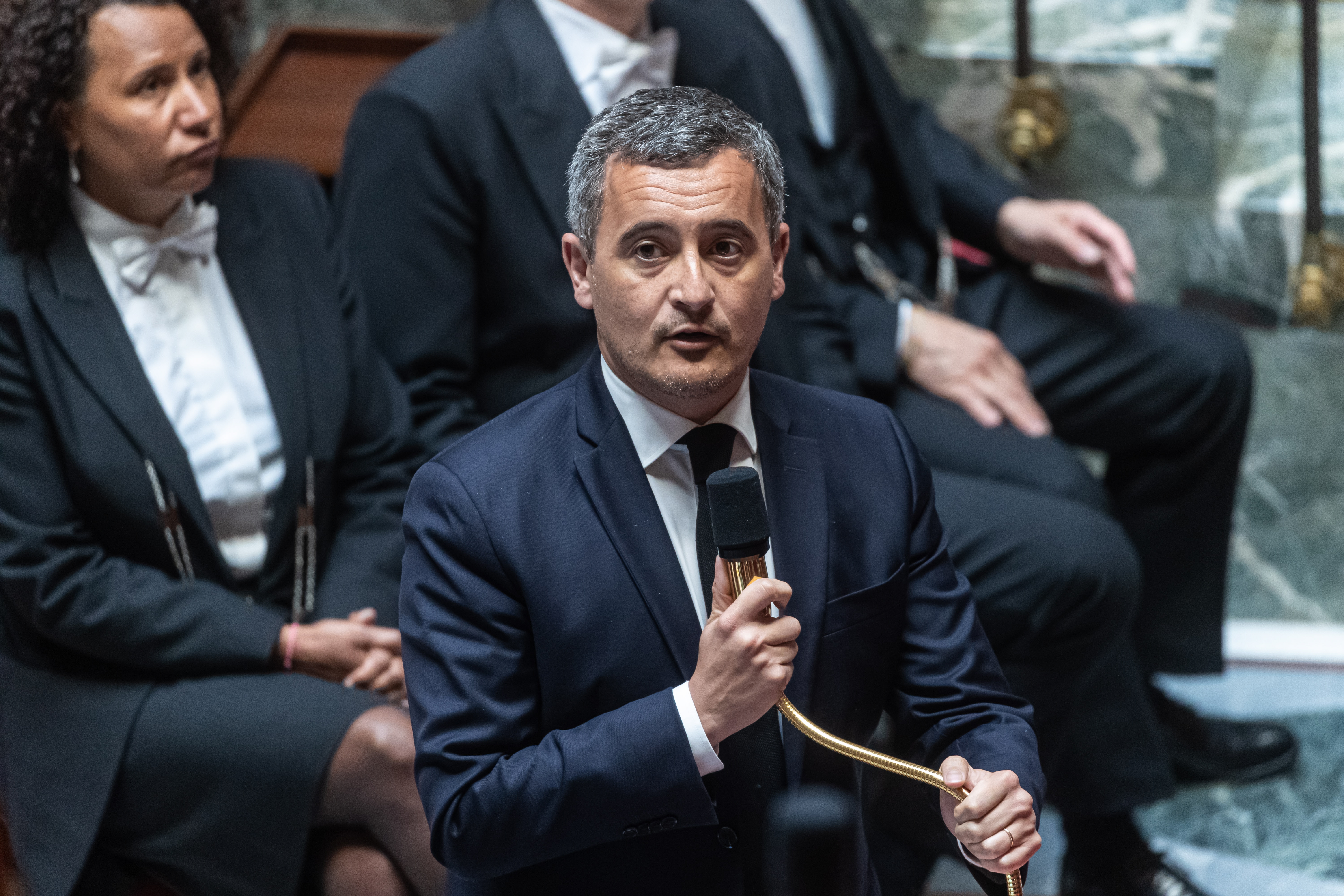 Paris (France), 02/05/2023.- French Interior Minister Gerald Darmanin (C) attends the weekly session of the questions to the government at the National Assembly in Paris, France, 02 May 2023. (Francia) EFE/EPA/CHRISTOPHE PETIT TESSON