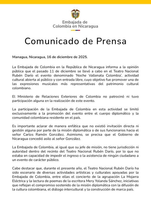 Comunicado oficial de la Cancillería y la embajada de Colombia en Nicaragua.
