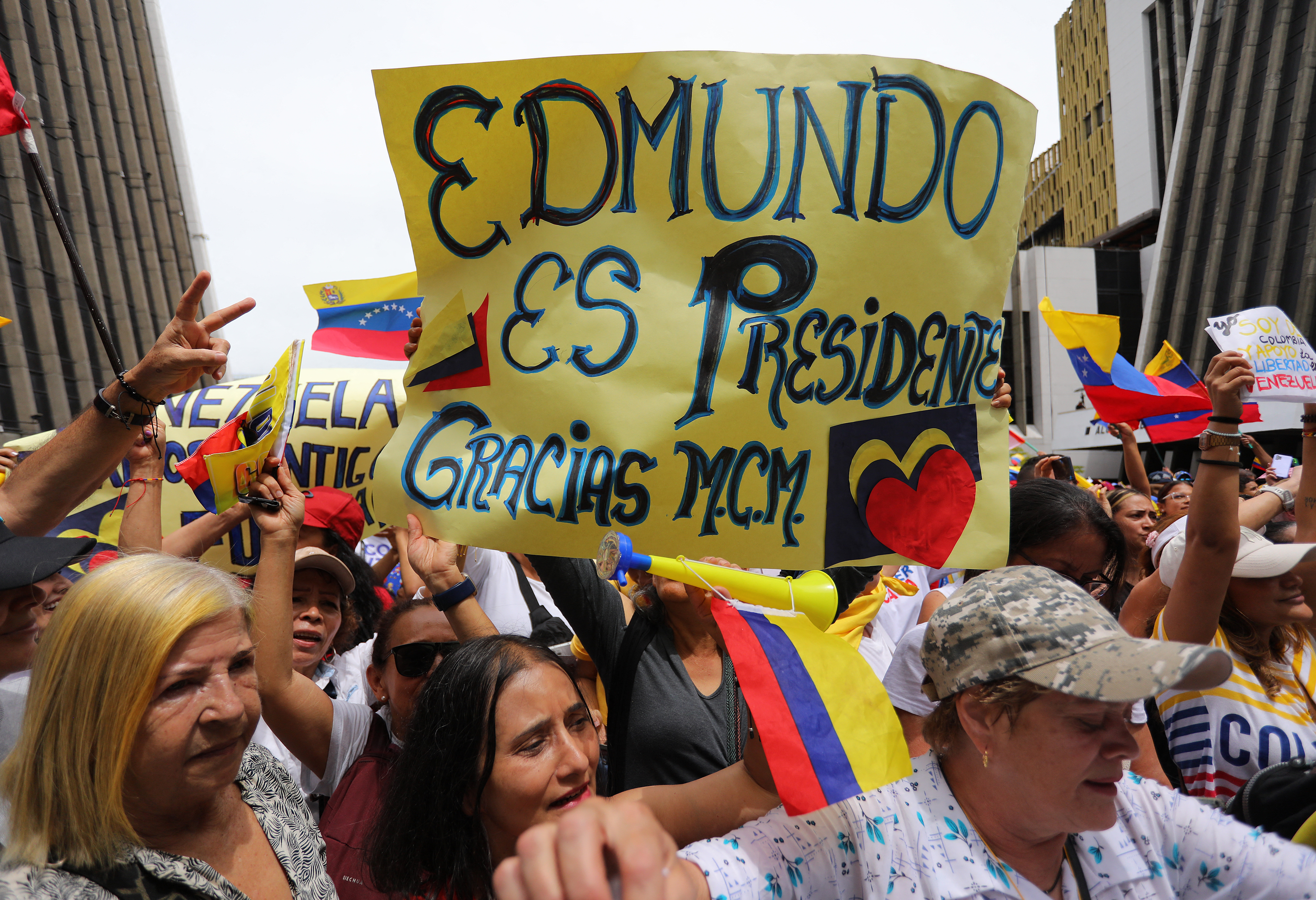 Venezuelans living in Colombia take part in a protest against Venezuelan President Nicolas Maduro's disputed victory in the presidential election, in Medellin, Colombia, on August 7, 2024.