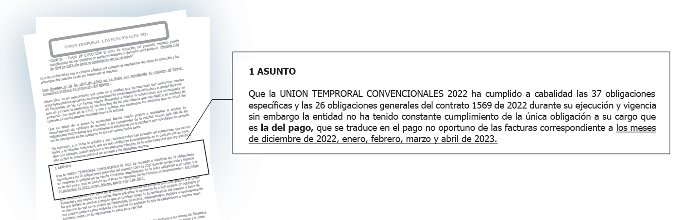 Documento enviado a la UNP, donde los contratistas reclaman el pago de cinco meses.