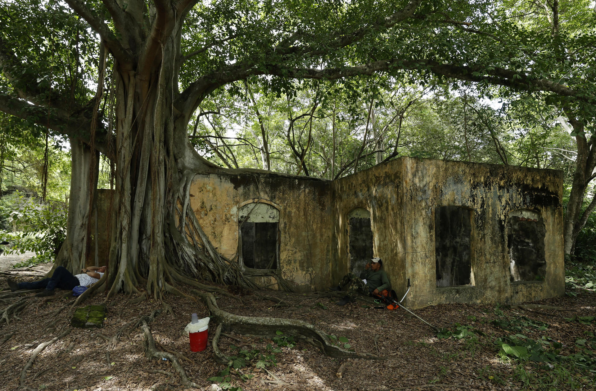AMDEP9083. ARMERO (COLOMBIA), 11/11/2025.- Fotografía del 5 de noviembre de 2025 que muestra personas sentadas cerca a una casa en ruinas, en Armero (Colombia). La noche del 13 de noviembre de 1985, la fuerza de la naturaleza cambió para siempre la vida de Armero, un pueblo próspero del centro de Colombia que fue borrado de la faz de la tierra por una avalancha causada por la erupción del volcán Nevado del Ruiz, que mató a más de 23.000 de sus 25.000 habitantes. EFE/ Mauricio Dueñas Castañeda