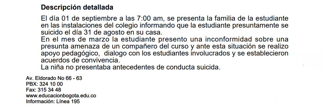 La estudiante tenía 12 años y estaba en grado sexto. Este documento fue emitido por petición de las autoridades como parte de la investigación.