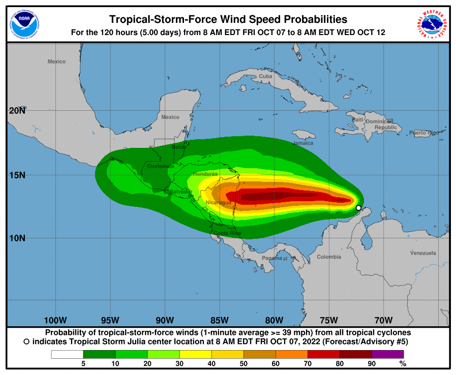 Estas son las probabilidades de velocidades de vientos en la zona donde está avanzando Julia.
