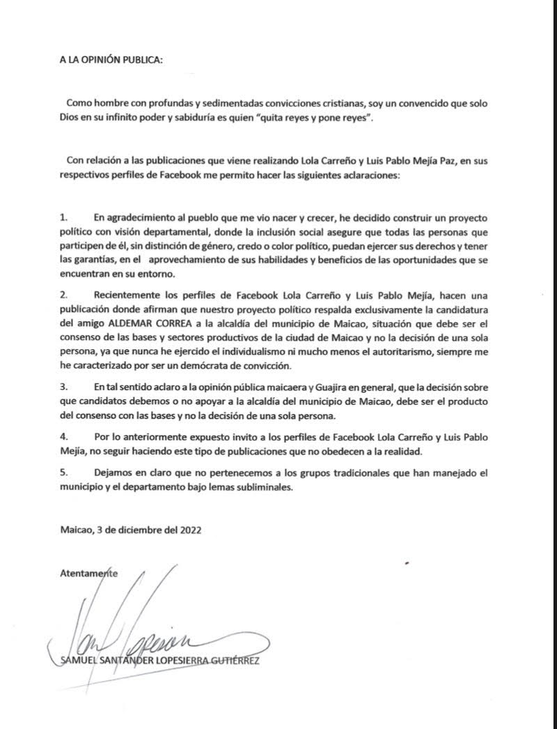Comunicado de Samuel Santander Lopesierra