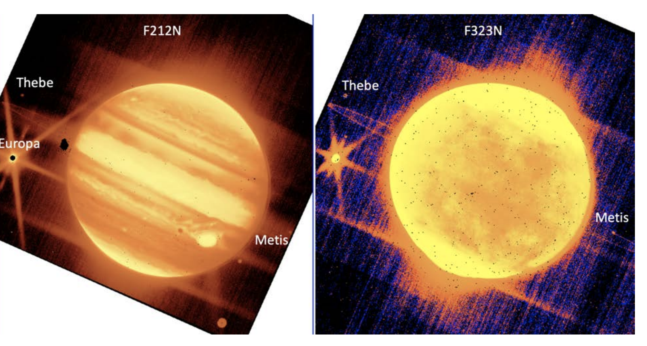 Izquierda: Júpiter, centro, y sus lunas Europa, Tebe y Metis se ven a través del filtro de 2,12 micras del instrumento NIRCam del telescopio espacial James Webb. Derecha: Júpiter y Europa, Tebe y Metis se ven a través del filtro de 3,23 micras de NIRCam. Créditos: NASA, ESA, CSA y B. Holler y J. Stansberry (STScI)