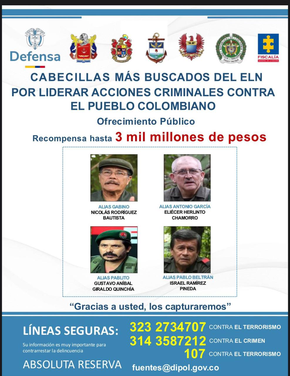 El gobierno está ofreciendo $3.000 millones de recompensa por los cuatro líderes del ELN.