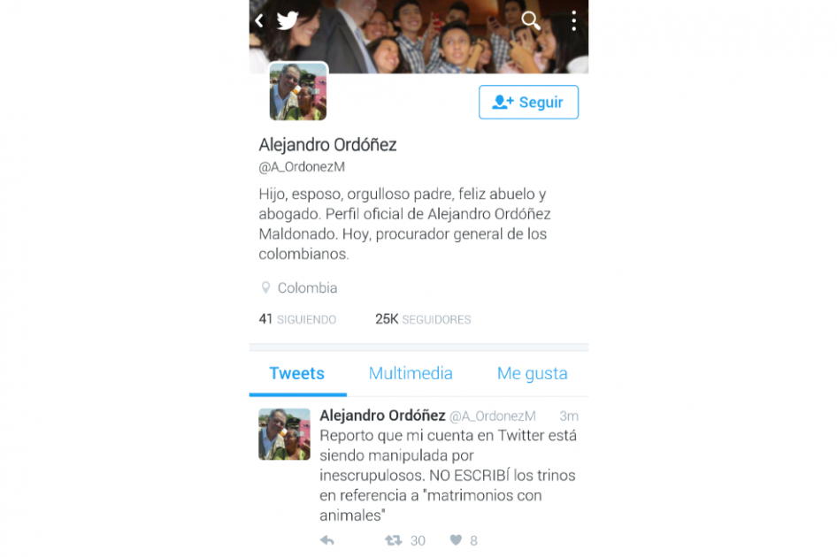 Procurador dice que chuzaron su Twitter y niega haber trinado sobre «matrimonio» con animales