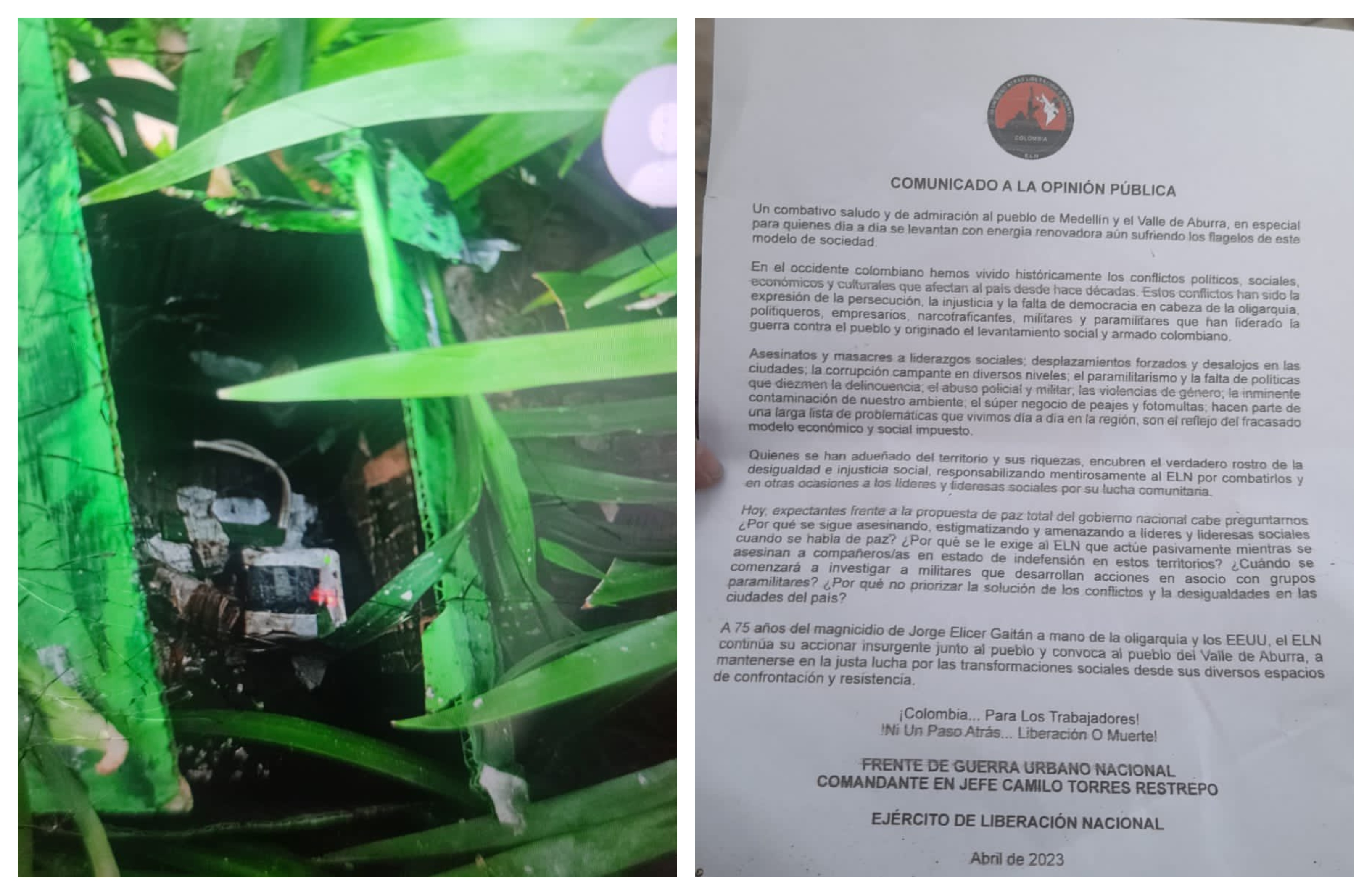 Encuentran explosivos en parque público de Itagüí con panfletos alusivos al ELN