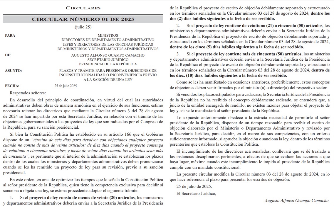 Circular objeciones leyes Petro