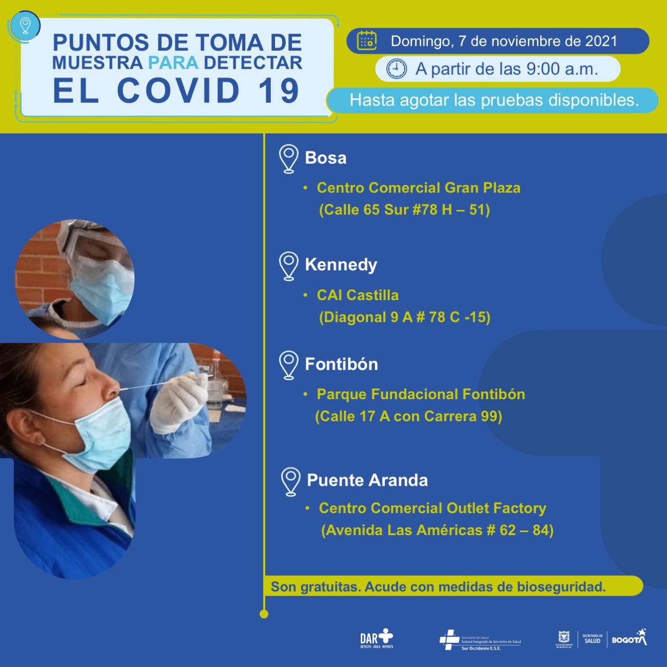 ¿Dónde hay pruebas gratuitas paraCovid-19 este domingo en Bogotá?