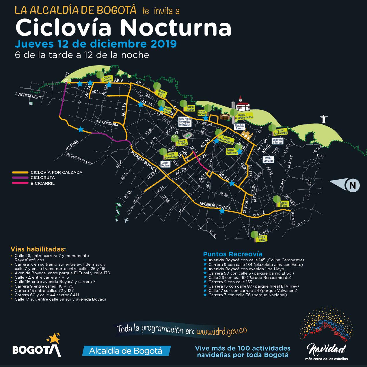 Por su parte, la Secretaría de Movilidad informó que para la actividad se habilitará la Avenida Boyacá desde la calle 24 hasta la 170; la calle 170 desde la Boyacá hasta la carrera Novena; la carrera Novena, desde la 170 hasta la 116; la calle 116 desde la Avenida Boyacá hasta la carrera Séptima; la calle 72, entre la carrera 15 y la Séptima; la carrera Séptima desde la 26 hasta la calle 116; el circuito del Parque Nacional; la carrera 50, entre la Avenida de las Américas y la calle 39 Sur; la calle 17 Sur y calle 39 Sur, entre la carrera 6 y la Avenida Boyacá, y la calle 3 entre Av. Boyacá y carrera 71D, entre otras.