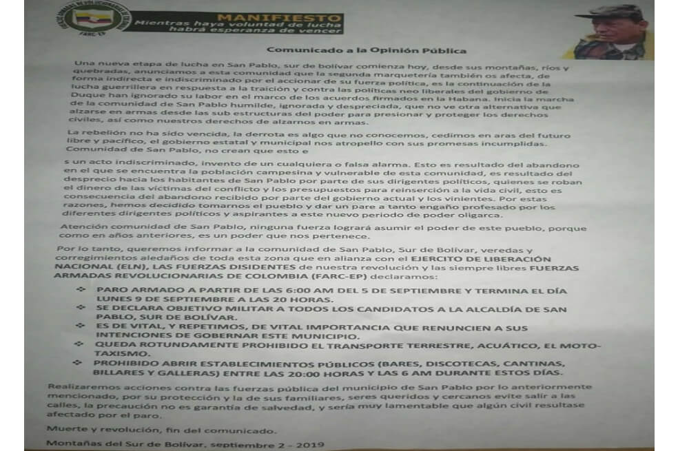 Investigan veracidad de panfleto en el que amenazan a candidatos a la alcaldía de San Pablo, Bolívar
