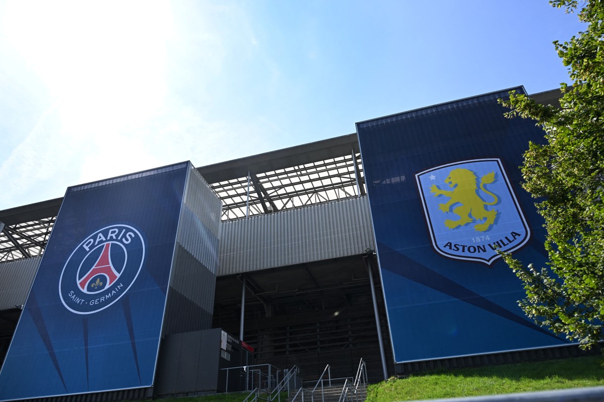 Banners announce the Football Supercup football match Paris Saint Germain vs Aston Villa, at the stade in Salzburg, on Juli 10, 2026. (Photo by BARBARA GINDL / APA / AFP) / AUSTRIA OUT