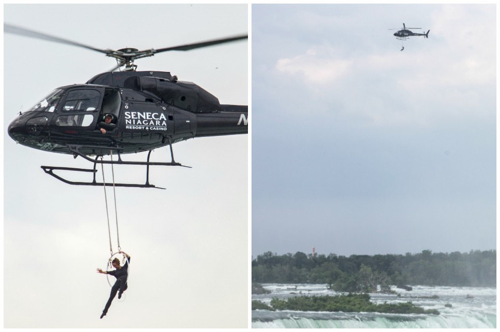 Acróbata se cuelga por la boca de un helicóptero sobre el Niágara