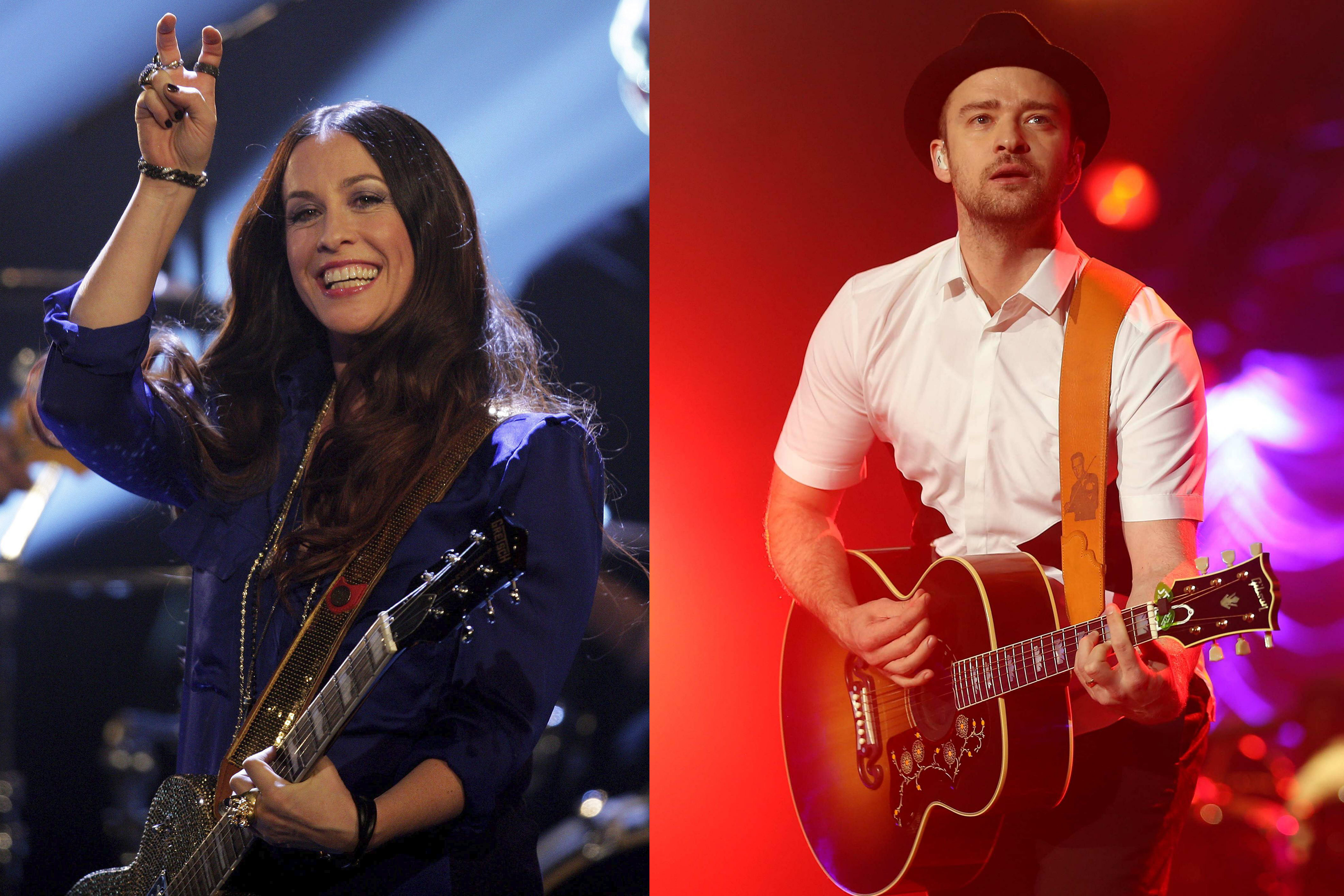AME5355. BOGOTÁ (COLOMBIA), 03/09/2024.- Combo de fotografías de archivo de la cantante canadiense Alanis Morisette y el cantante estadounidense JustinTimberlake. Justin Timberlake y Alanis Morisette se encuentran entre las figuras más destacadas del próximo festival Lollapalooza Argentina, que celebrará su décima edición en el país suramericano, informaron este martes fuentes de la organización. EFE/ ARCHIVO