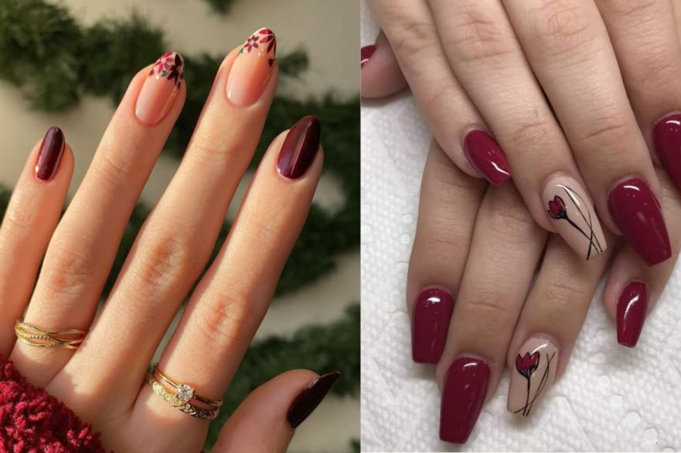 Uñas vinotinto con flores: Uñas pintadas de vinotinto decoradas con motivos florales, ya sea pintados a mano o con adhesivos, mostrando un look romántico y delicado.