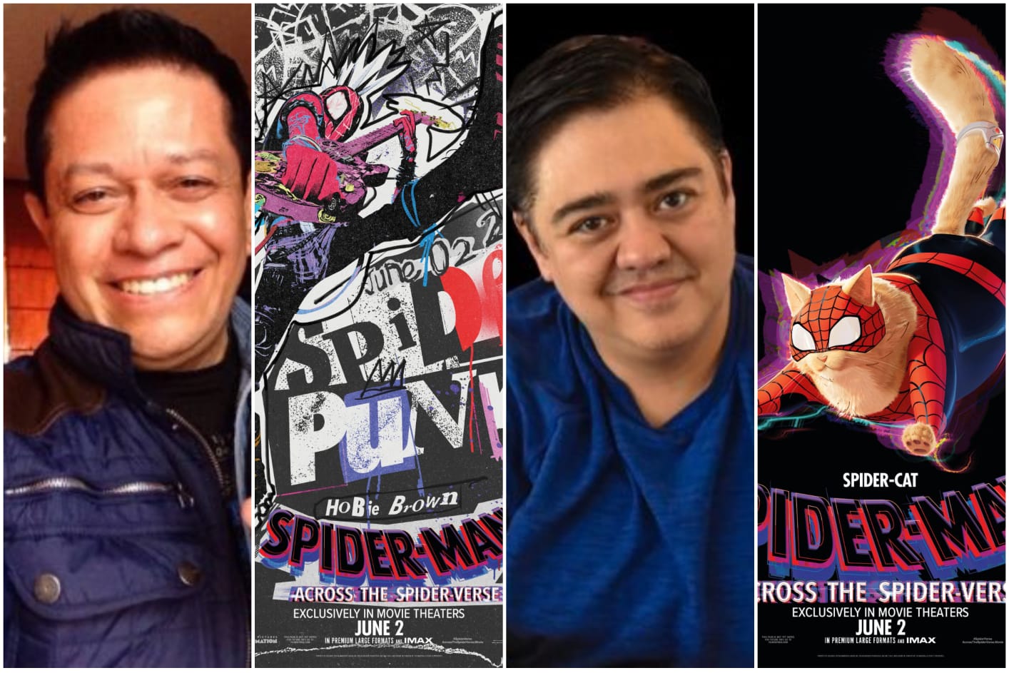 De izquierda a derecha: Carlos Segundo, actor de doblaje. Póster promocional de Across the Spider-Verse, con Spider Punk. Lalo Garza, actor de doblaje. Póster promocional de Across the Spider-Verse con Spider Cat.