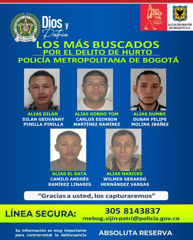 Cartel de los más buscados por hurto en Bogotá.