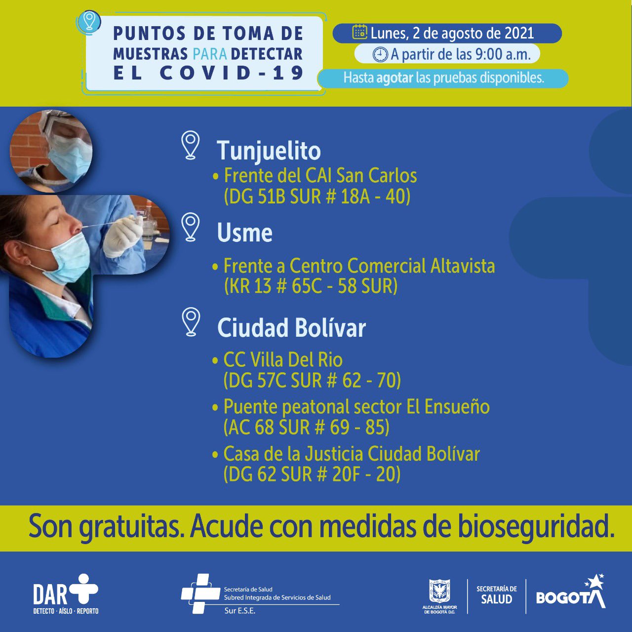 Estos son los puntos para pruebas gratuitas de COVID-19 este lunes en Bogotá