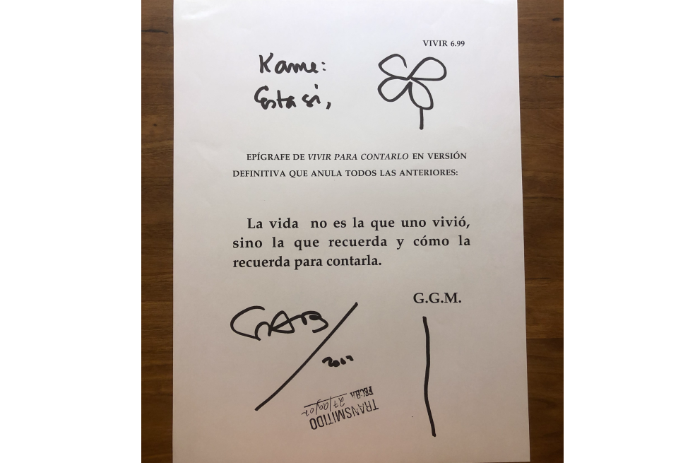 Epígrafe de“Vivir para contarla” al momento de enviarla a la imprenta.