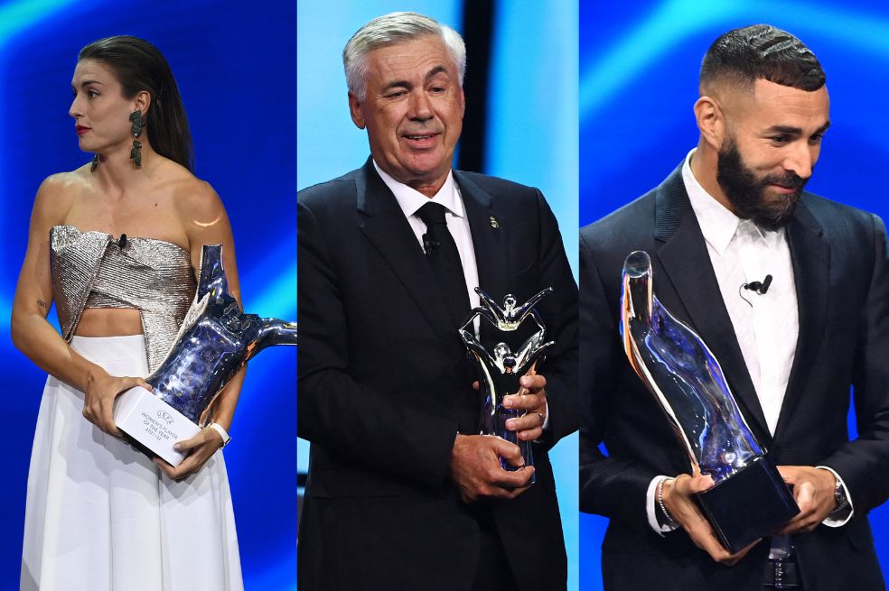 Alexia Putellas, Carlo Ancelotti y Karim Benzema. // AFP