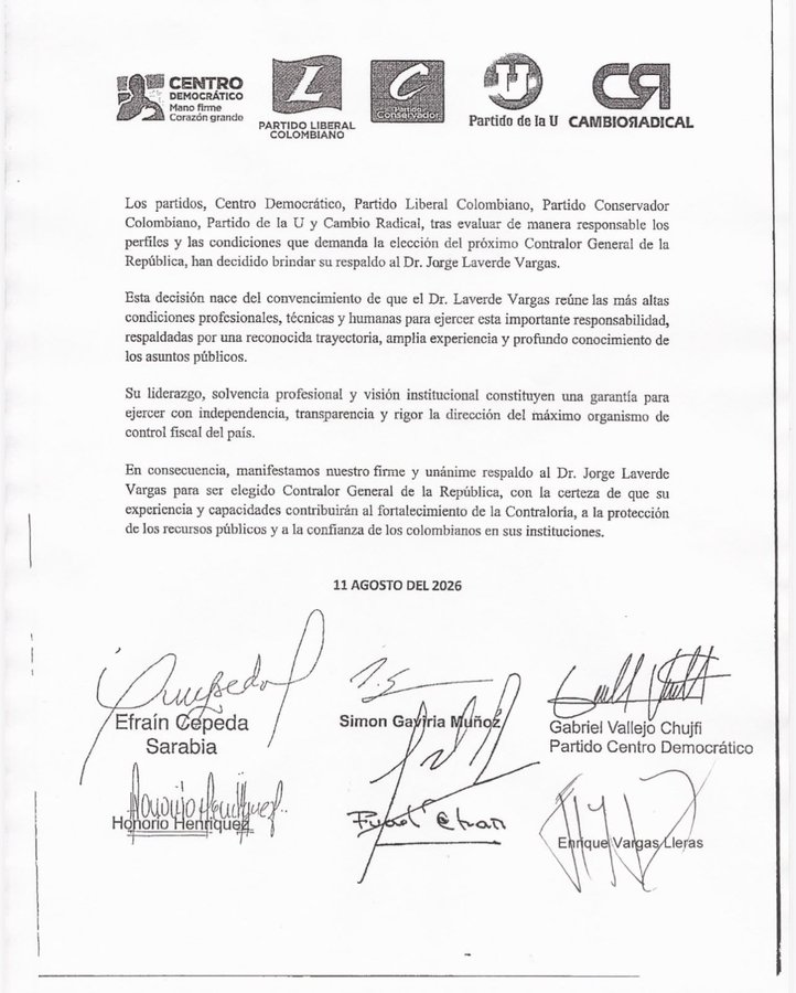 Carta de respaldo a Jorge Eliécer Laverde.